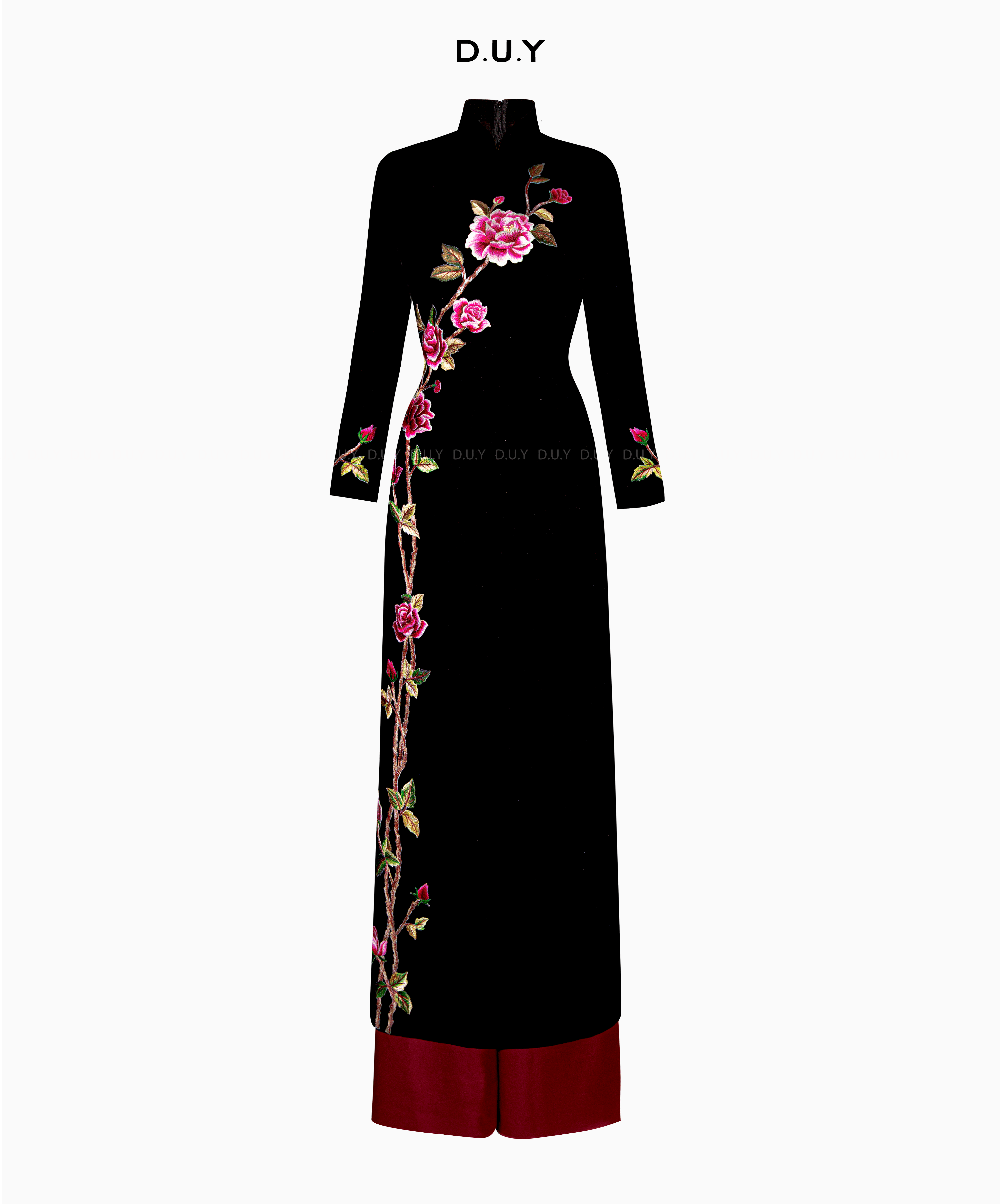 ÁO DÀI ĐEN THÊU HOA HỒNG